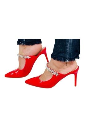 Red Heeled Mules with Rhinestone Strap Size 7